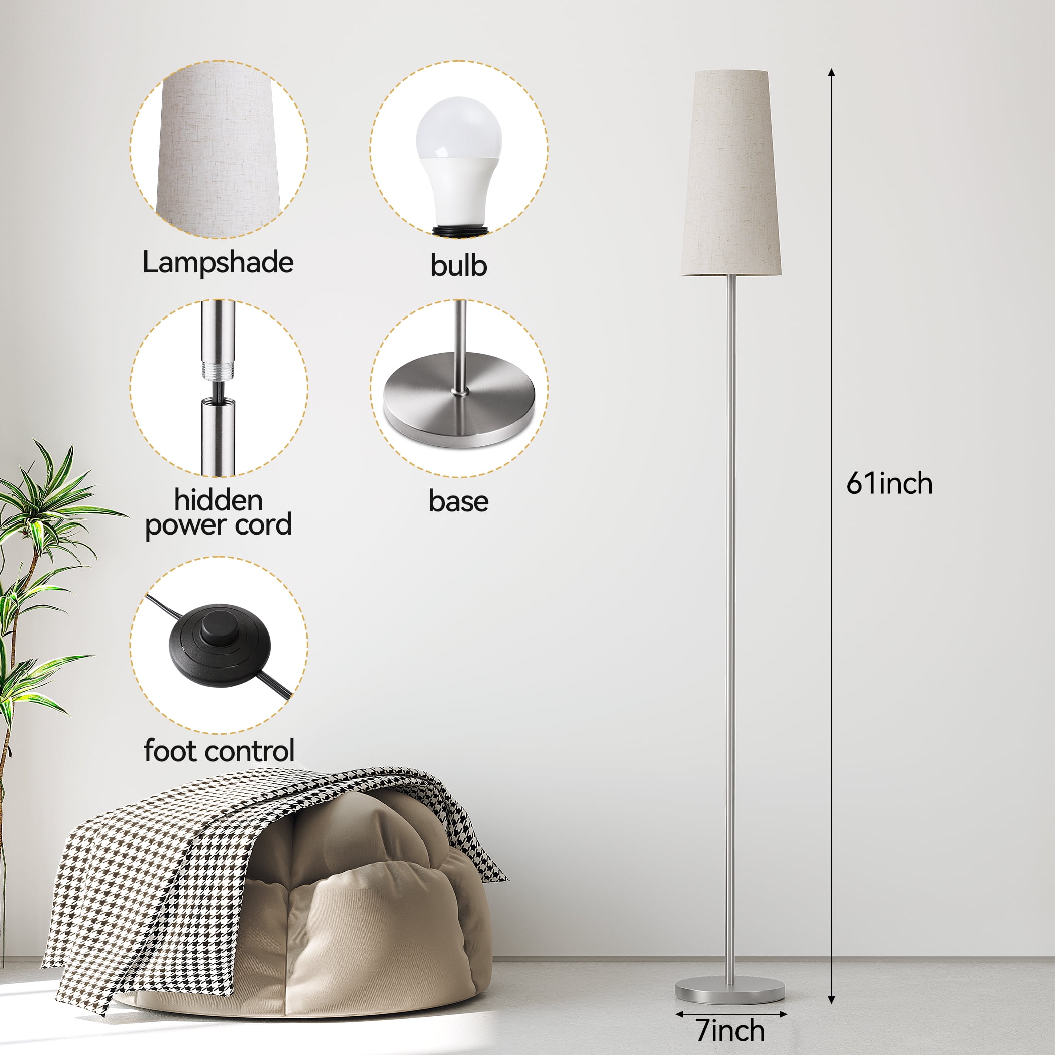 Sunmory Floor Lamps for Living Room/Bedroom/Office, Standing Lamp with LED Bulb, 3 Color Temperature Tall Lamp, Suitable for Modern/Boho/Farmhouse and Other Home Decor Styles, Silver Lampshade