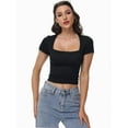 thumbnail image 3 of 3-pack Black Women's Square Neck Short Sleeve T Shirts Double Lined Basic Tee Slim Fit Tops, 3 of 6