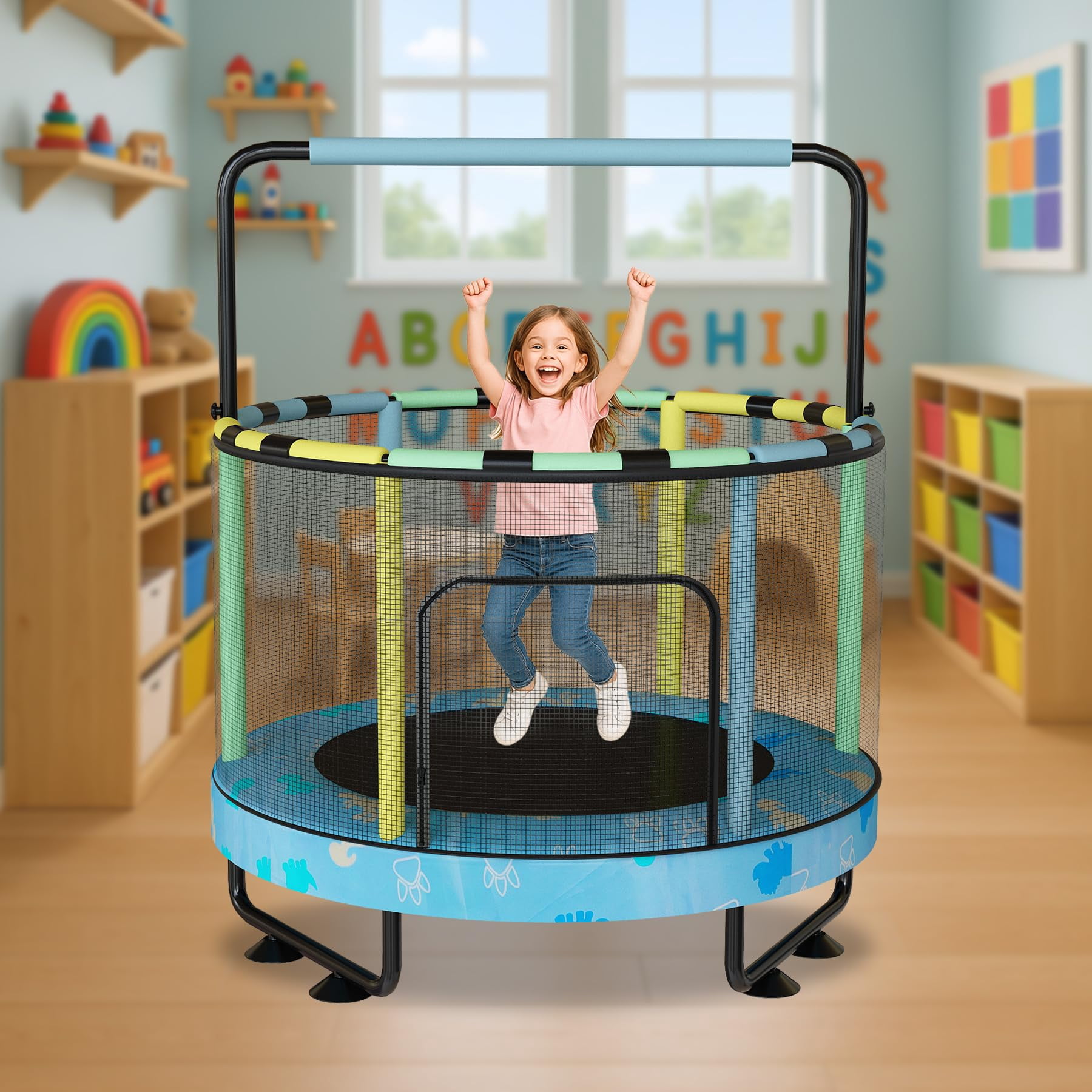 Baxluxe 55" Kids Trampoline with Safety Net, 7-in-1 Adjustable Height Design, 500lbs Weight Capacity for Indoor & Outdoor Use, Fun Mini Trampoline for Children Ages 3-8 Years Old, Blue