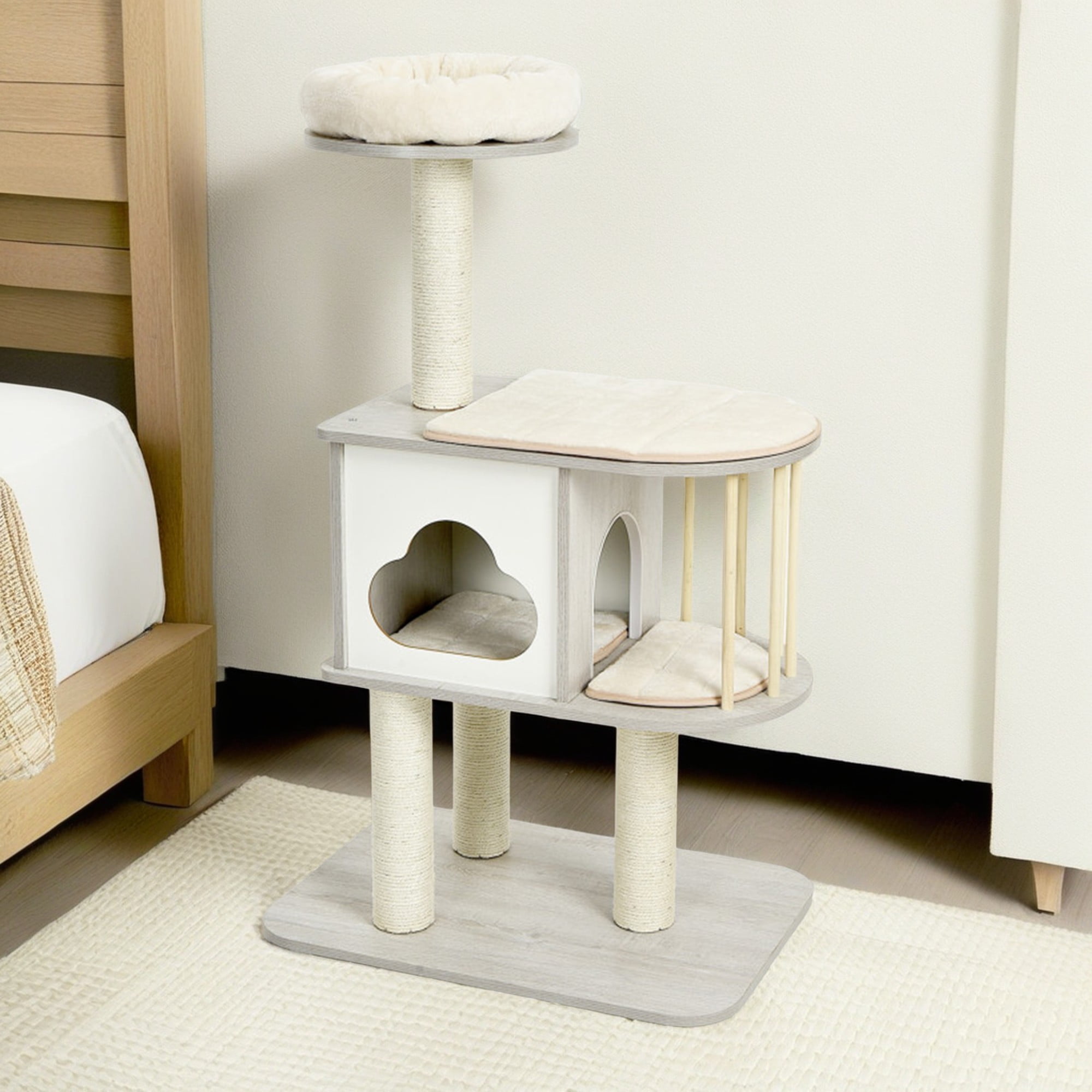 Kadyn 46" Wood Cat Tree Tower for Indoor Cats, Multi-Level Cat Condo with Scratching Posts, Washable Removable Cushions, Cat Tree House, Gray Kadyn 46" Wood Cat Tree Tower for Indoor Cats, Multi-Level Cat Condo with Scratching Posts, Washable Removable Cushions, Cat Tree House, Gray