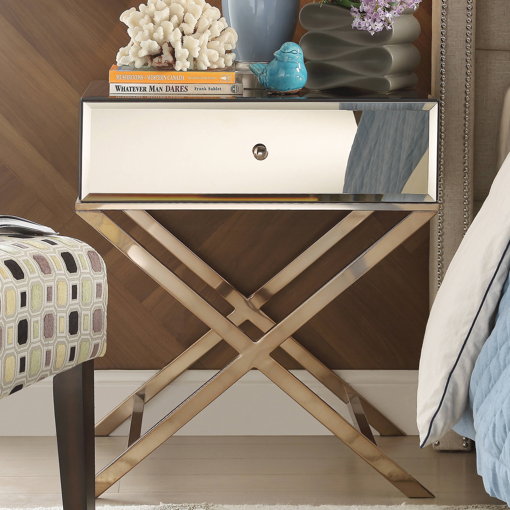 Chelsea Lane Plated Mirror End Table, Chelsea Lane Mirror End Table With Drawer Chrome