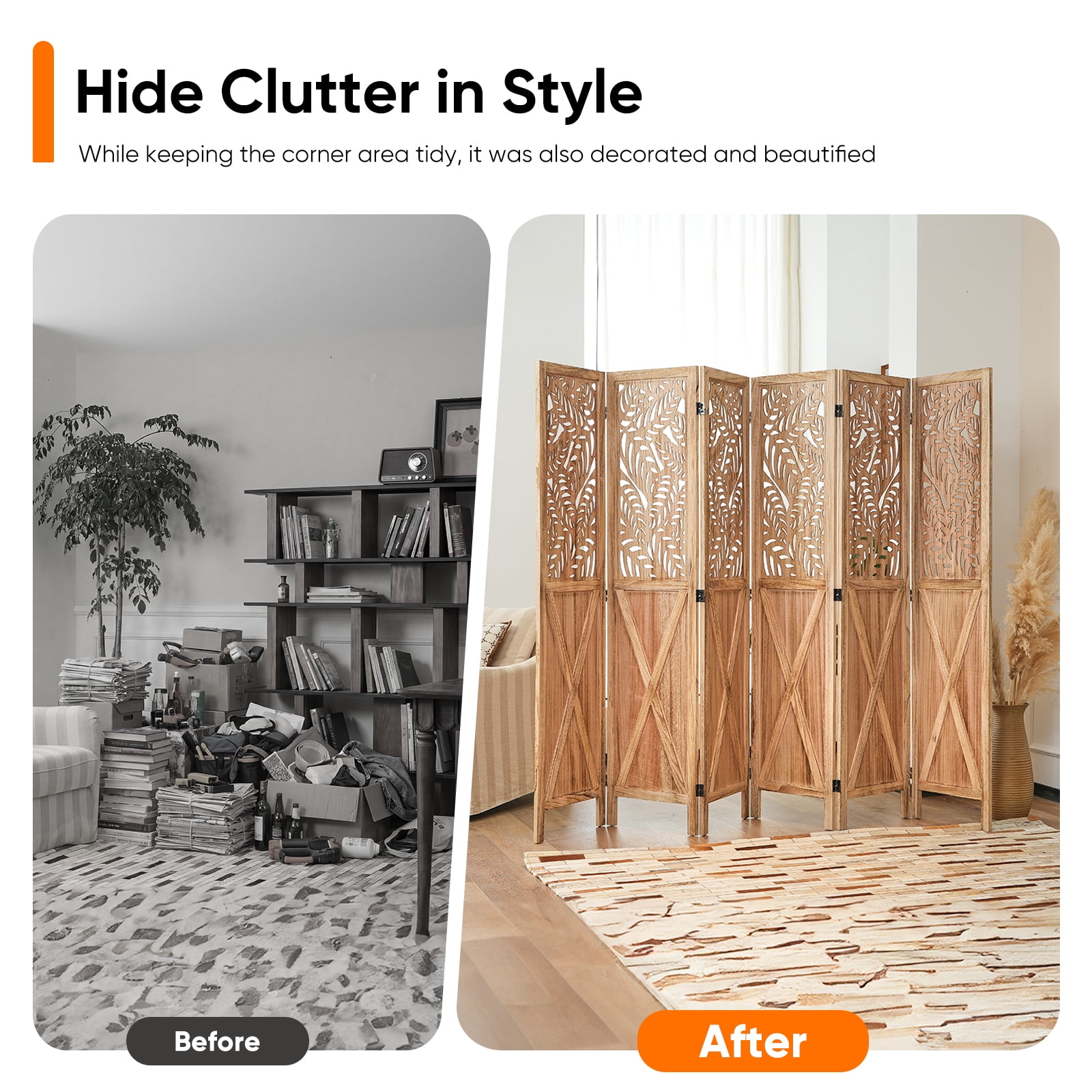 Jostyle 6 Panel Solid Wood Room Divider Privacy Screen - Freestanding Folding Partition with Barn Door Openwork Design, Paulownia Wood Frame Natural, No Assembly for Living Room, Bedroom, Office