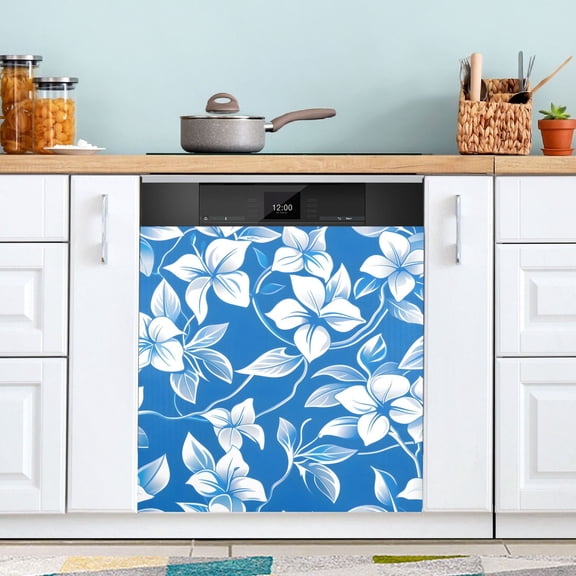 Blue White Flower Dishwasher Magnet Cover Magnetic Fridge Door Cover Home Kitchen Decor 23"x 26"
