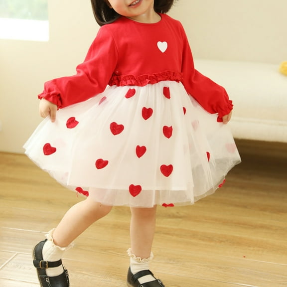 BRGZLK Girl Princess Skirt Long Sleeve Round Neck Heart Print Mesh Dress Knee Length Birthday Gown Dress Red 1-2 Years