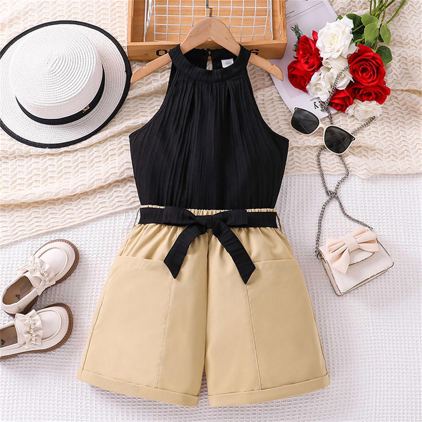 Kid Clothing For Girls Fashion Round Neck Sleeveless Clothes Set Solid Color Soft Shorts Outfits Weekend Playsuit 8-9 Years Black