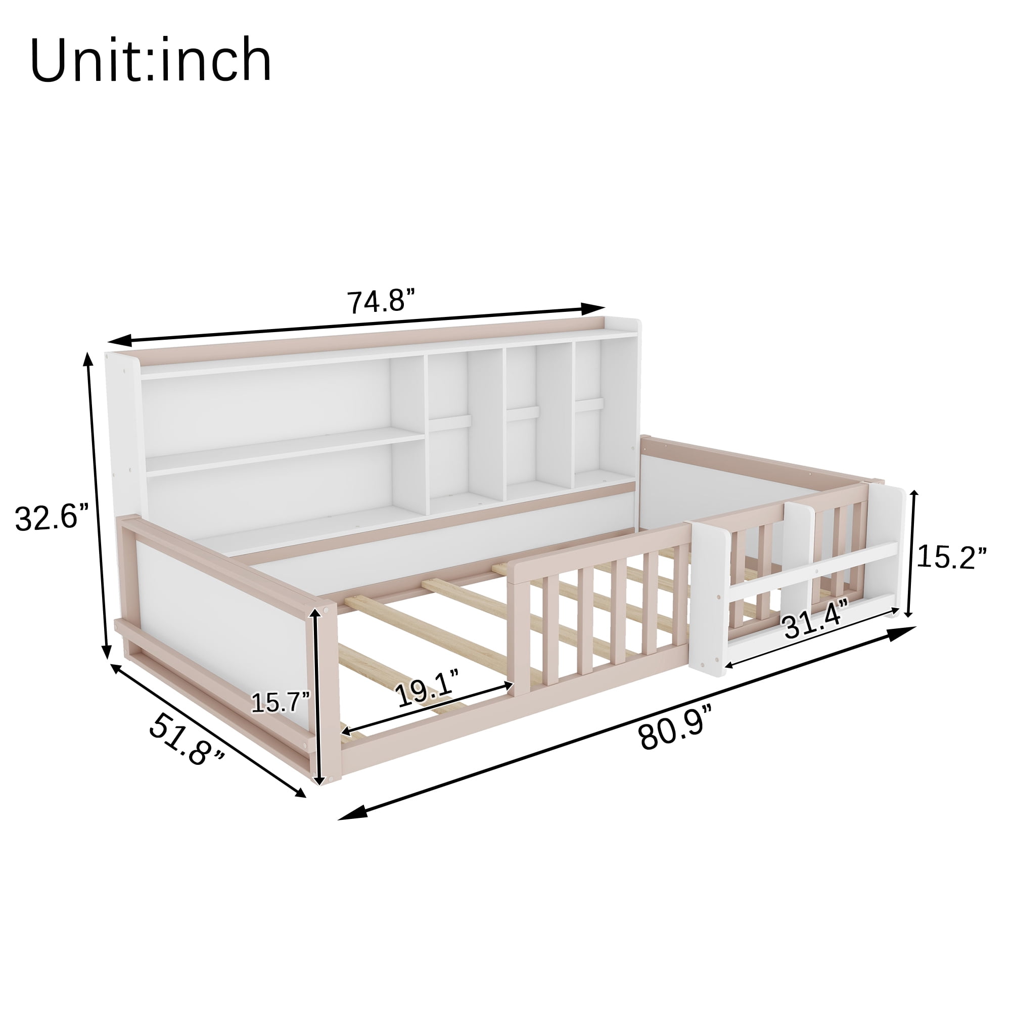 Mintazer Twin Size Montessori Floor Bed with Bookshelf & Guardrails, Kids Platform Bed Frame with Storage Cubbies for Bedroom, White & Natural