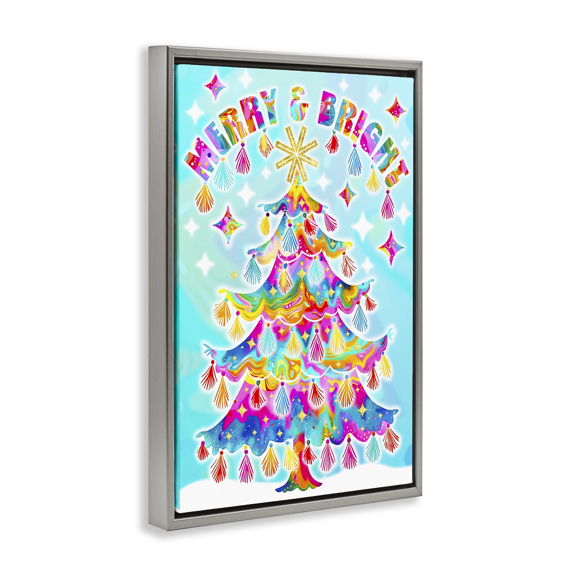 Stupell Industries Eclectic Merry & Bright Holiday Painting Gray Floater Framed Canvas Art Prints Wall Art, 17 x 25