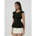 thumbnail image 3 of OYOANGLE Women's Contrast Sheer Mesh Cap Sleeve Blouse Flared Ruffle Hem Tops Black S, 3 of 6
