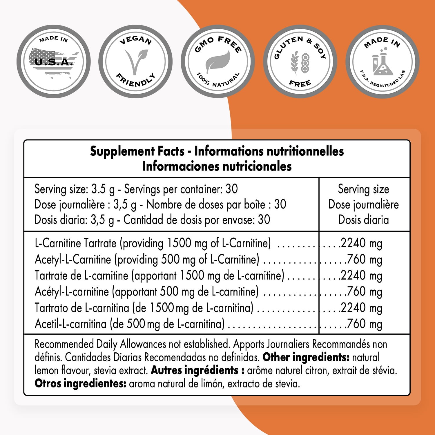 SuperSmart L-Carnitine Formula (Natural Lemon Flavor) - 2-in-1 with Acetyl L-Carnitine & L-Carnitine Tartrate Powder - Amino Acids Complex Supplement | Non-GMO & Gluten Free - 105 g