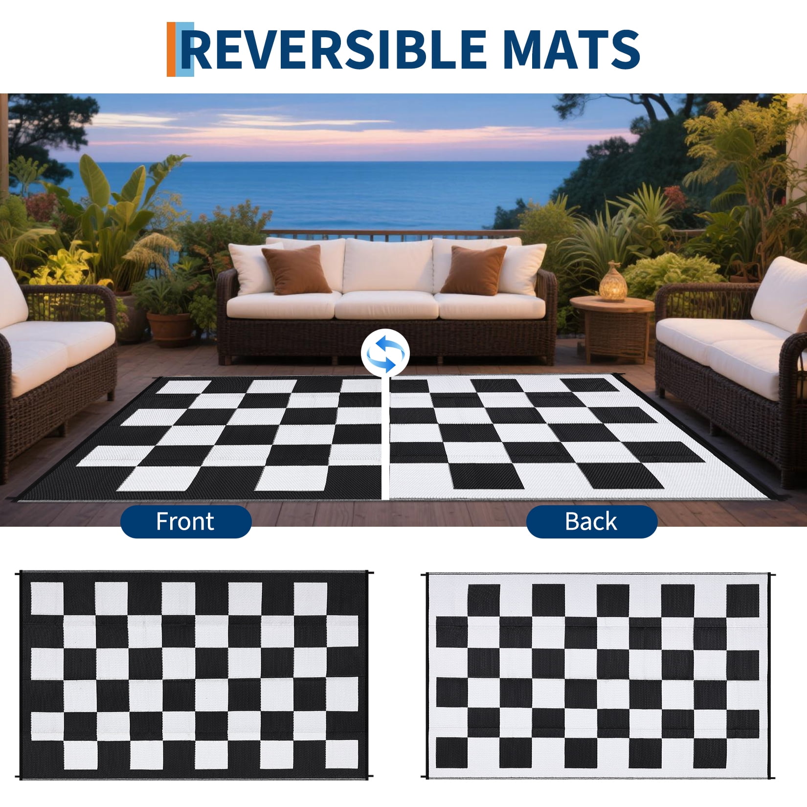 Waterproof Outdoor Checkerboard Rug - All-Weather Plastic Straw Mat for Patio & Deck, 9*12ft