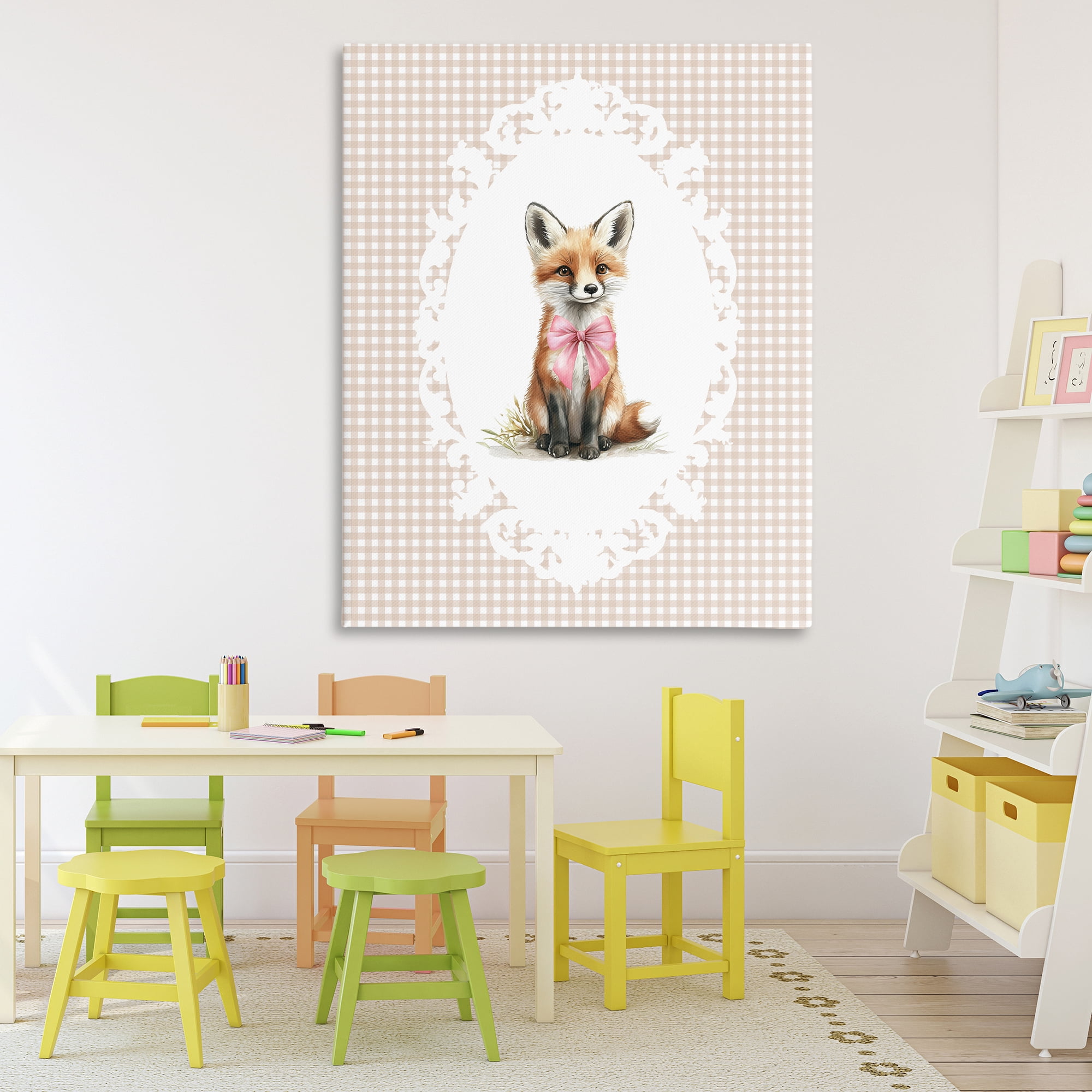 Stupell Industries Vintage Bow Fox on Gingham Canvas Wall Art, design by Christine Simpson Art