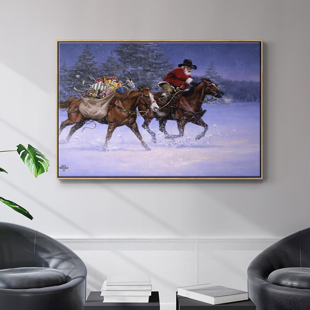 Christmas Rush - Framed Gallery Wrapped Holiday Canvas - 25 x 37 - Natural Wood Frame