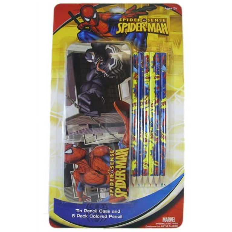 Disney Spiderman Tin Pencil Case and 6 Pack Colored Spider-Man