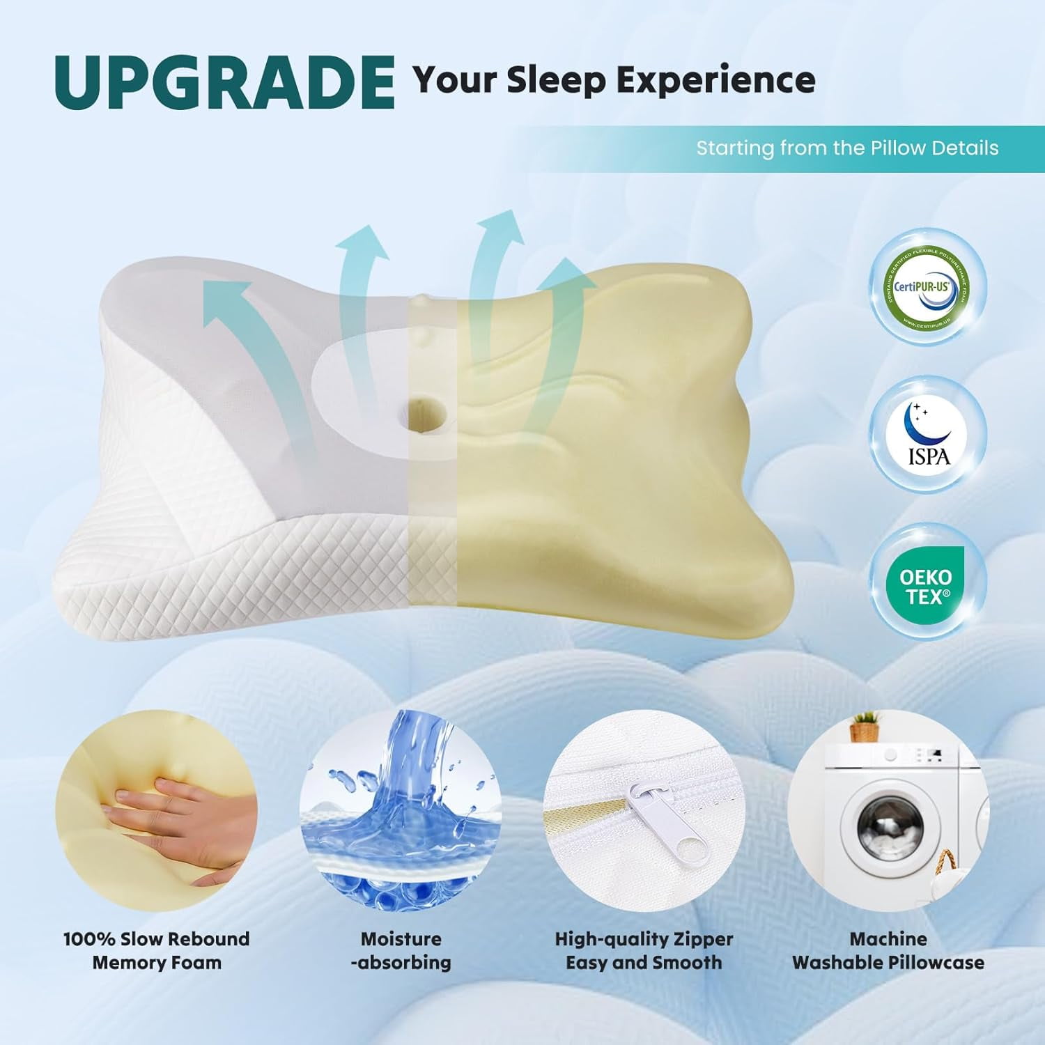 JIOABL King Size Ergonomic Contour Memory Foam Pillow Set of 2, Cervical Neck Pillow with Cooling Case for Neck Pain Relief, Light Gray