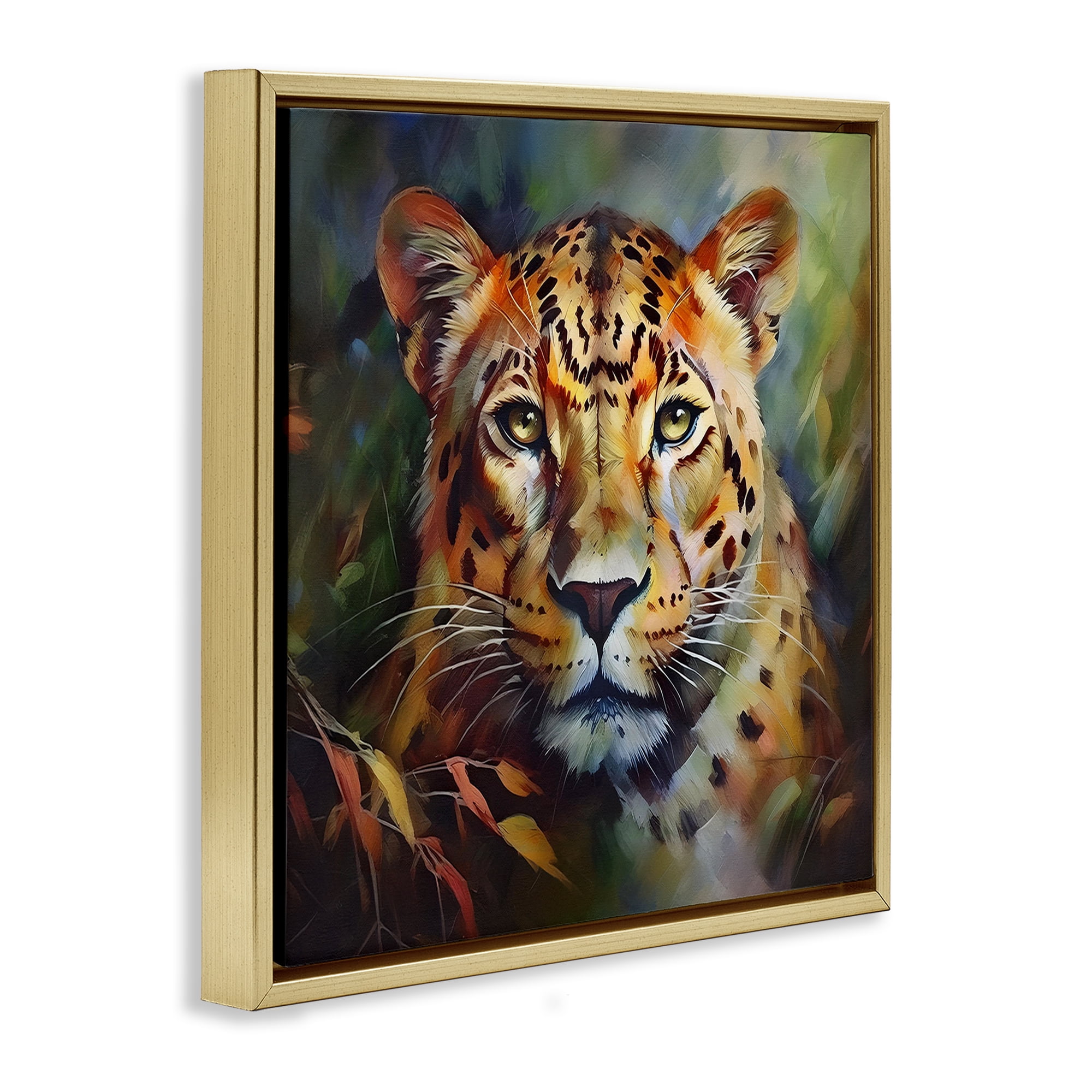 Stupell Industries Leopard Face Portrait Animals Painting Gold Floater Framed Canvas Art Print Wall Art, 18 x 18