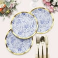 thumbnail image 5 of Efavormart 25 Pack | 8" White / Blue Chinoiserie Paper Dessert Appetizer Plates With Gold Wavy Rim, Disposable Round Floral Salad Party Plates, 5 of 9