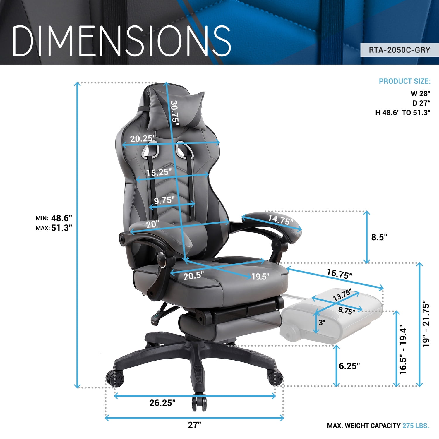 Techni Mobili Gaming Racing Style Fully Reclining Executive Office Chair with Footrest, Gray RTA-2050C-GRY
