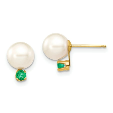 - ICE CARATS 14kt Yellow Gold 7 7.5mm White Round Freshwater Cultured Pearl Green Emerald Post Stud Ball Button Earrings Gemstone Fine Jewelry Ideal Gifts For Women Gift Set From Heart