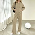 thumbnail image 5 of Hzzrkos Women Casual Loose Solid Color Crew Neck Long Sleeve Relaxed Fit Sweatshirt Top Matching Wide Leg Pants Two Piece Outfit Tracksuit Khaki M, 5 of 7