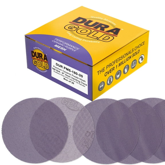 Dura-Gold Premium 180 Grit 5" Purple Ceramic Mesh Sanding Discs, Box of 30 - Dustless Hook & Loop Backing Sandpaper for DA & Random Orbital Sanders - Long-Lasting Fast Cut - Woodworking, Auto Paint