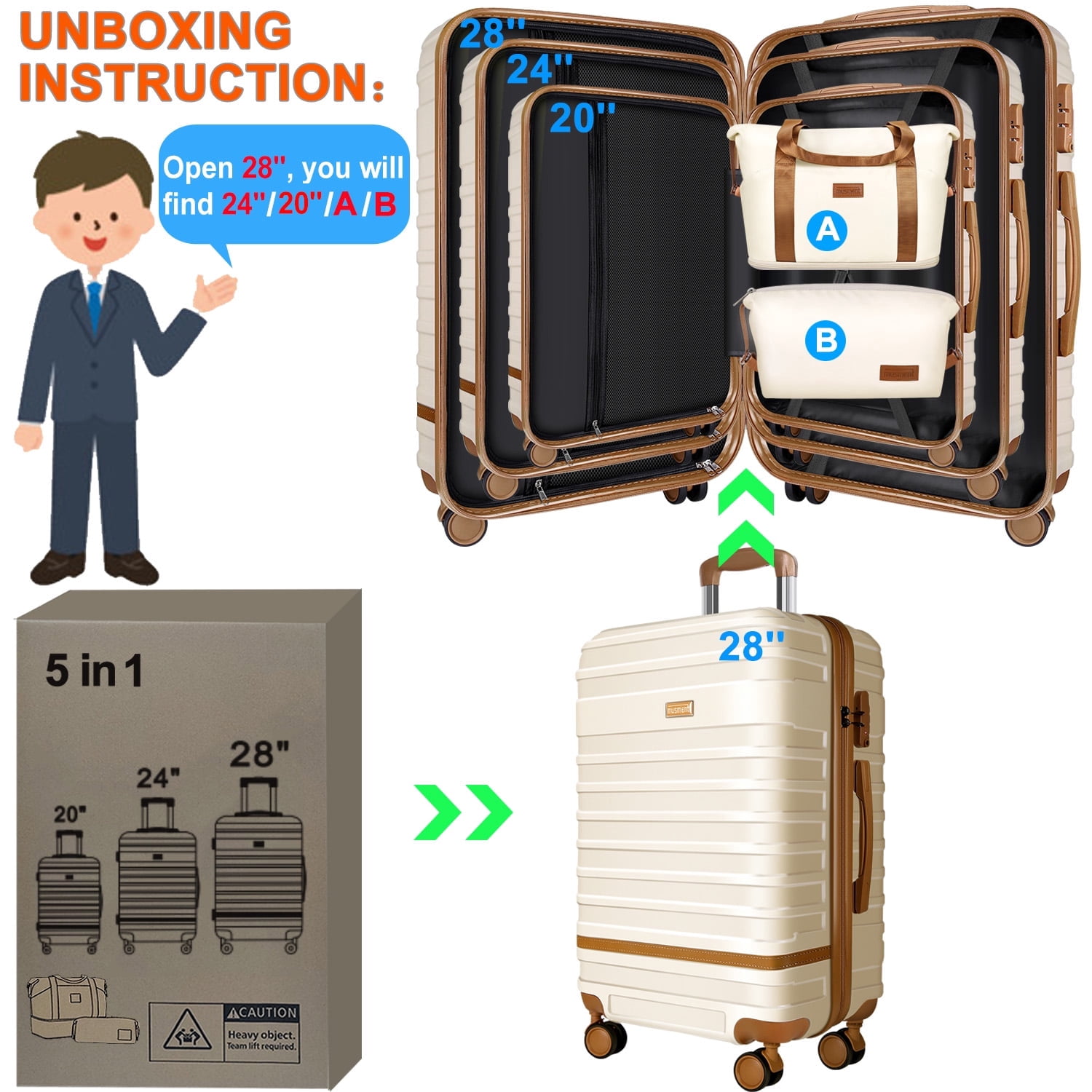 Luggage Sets and Travel Duffel Bag Set of 5, ABS Hardshell Hardside Checked Luggage with TSA Lock and Double Spinner Wheels Suitcase,Ivory White