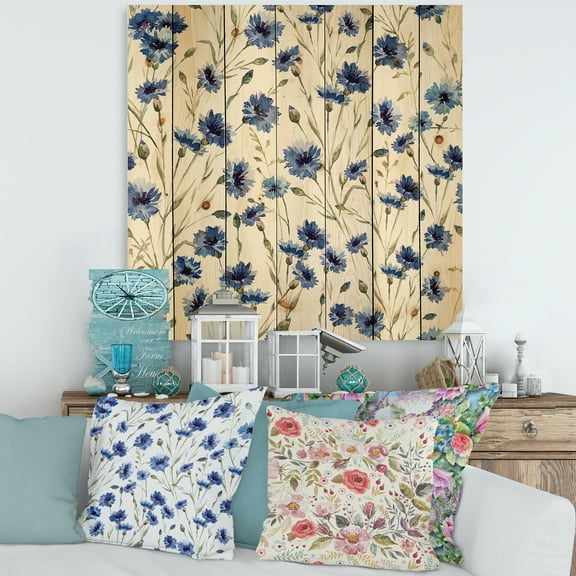 Designart 'Blue Wildflowers With Green Leaves On White' Traditional Print on Natural Pine Wood
