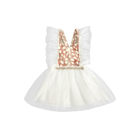 

Sunisery Summer Baby Girls Romper/Dress Leopard Printed Ruffles Lace Sleeveless Backless Jumpsuits/Sundress White Dress 18-24 Months
