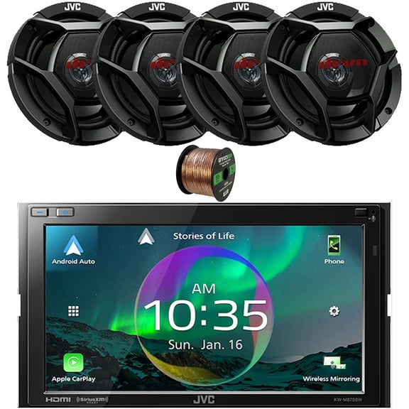 JVC Double DIN 6.8" Touchscreen HDMI/WiFi Bluetooth USB Digital Multimedia Car Radio Receiver, 4x 6.75" 300 Watt Max 2-Way Vehicle Audio Speakers, 16 Gauge 50 ft Speaker Wire