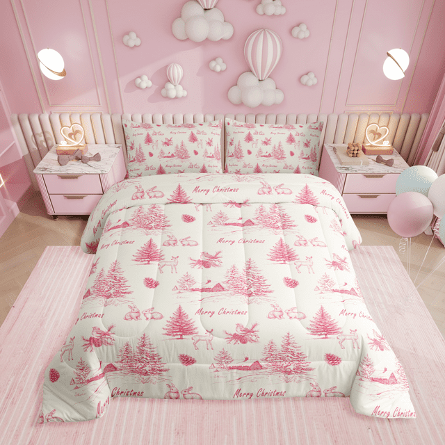 Ensemble de Literie de Noël Rose Format Grand Lit, Ensemble de Couette Village de Sapins de Noël pour Enfants Filles, Ensembles de Literie de Noël Beige, Couette Imprimée Reindeer Rabbit Mignonne, Réversible