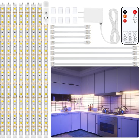 8 Pack Under Cabinet Lighting Kit, Flexible LED Strip Lights with RF Remote, 4000K Neutral White LED Lights with Power Adapter, 13ft Kitchen Cabinet Lights for Shelf, Counter, Desk and Home Decoratio