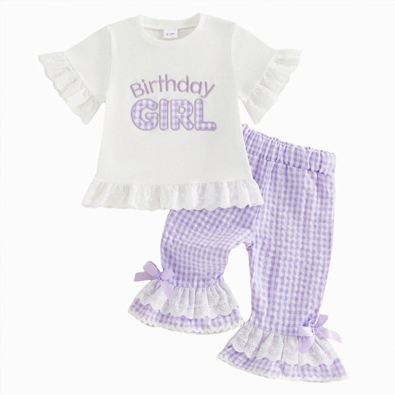 Linfrsh Toddler Baby Girl Smocked Outfit Ruffle Halter Shirt Flared Pants Set Toddler Bell Bottom Outfit Summer Clothes(Purple,6-12 Months)