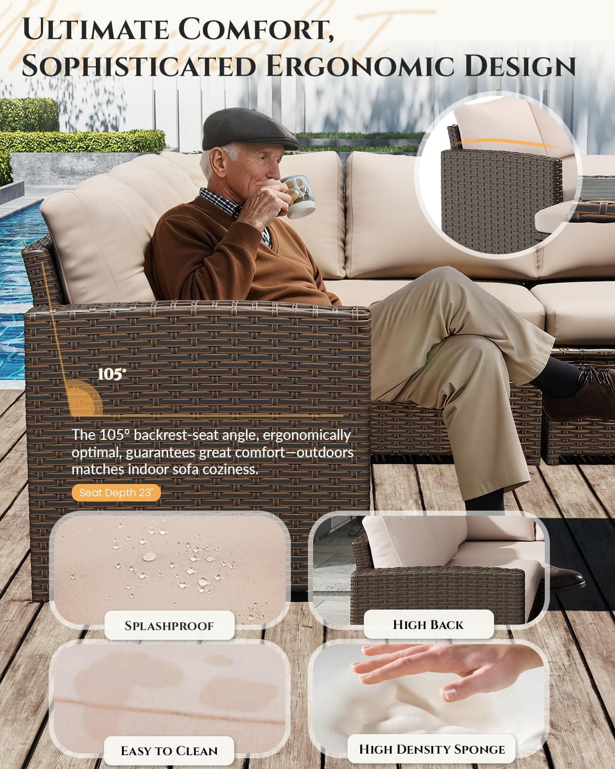 AECOJOY 7 Piece Patio Furniture Set PE Rattan Outdoor Dining Set Sectional Sofa Couch with Table Patio Conversation Set in Beige