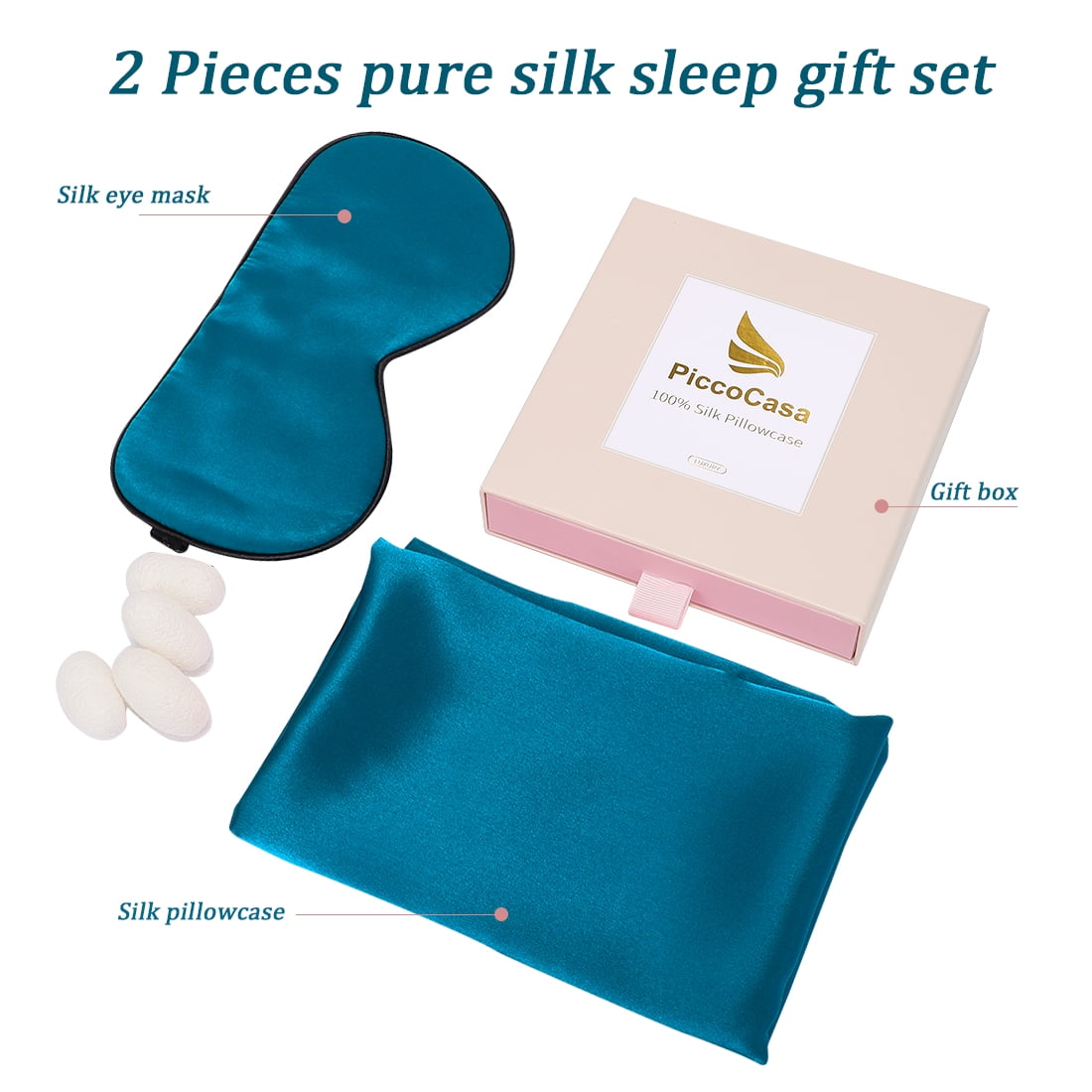 PiccoCasa Silk Pillowcases + Silk Eye Cover With Gift Box King Peacock Blue