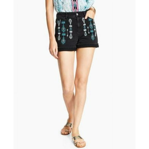 MSRP $80 International Concepts Cotton Embroidered Denim Shorts Black Size 14