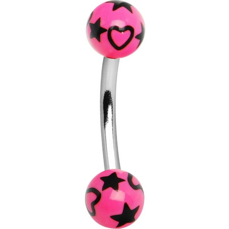 Black Eyebrow Ring - Pink and Black Hearts and Stars Eyebrow Ring