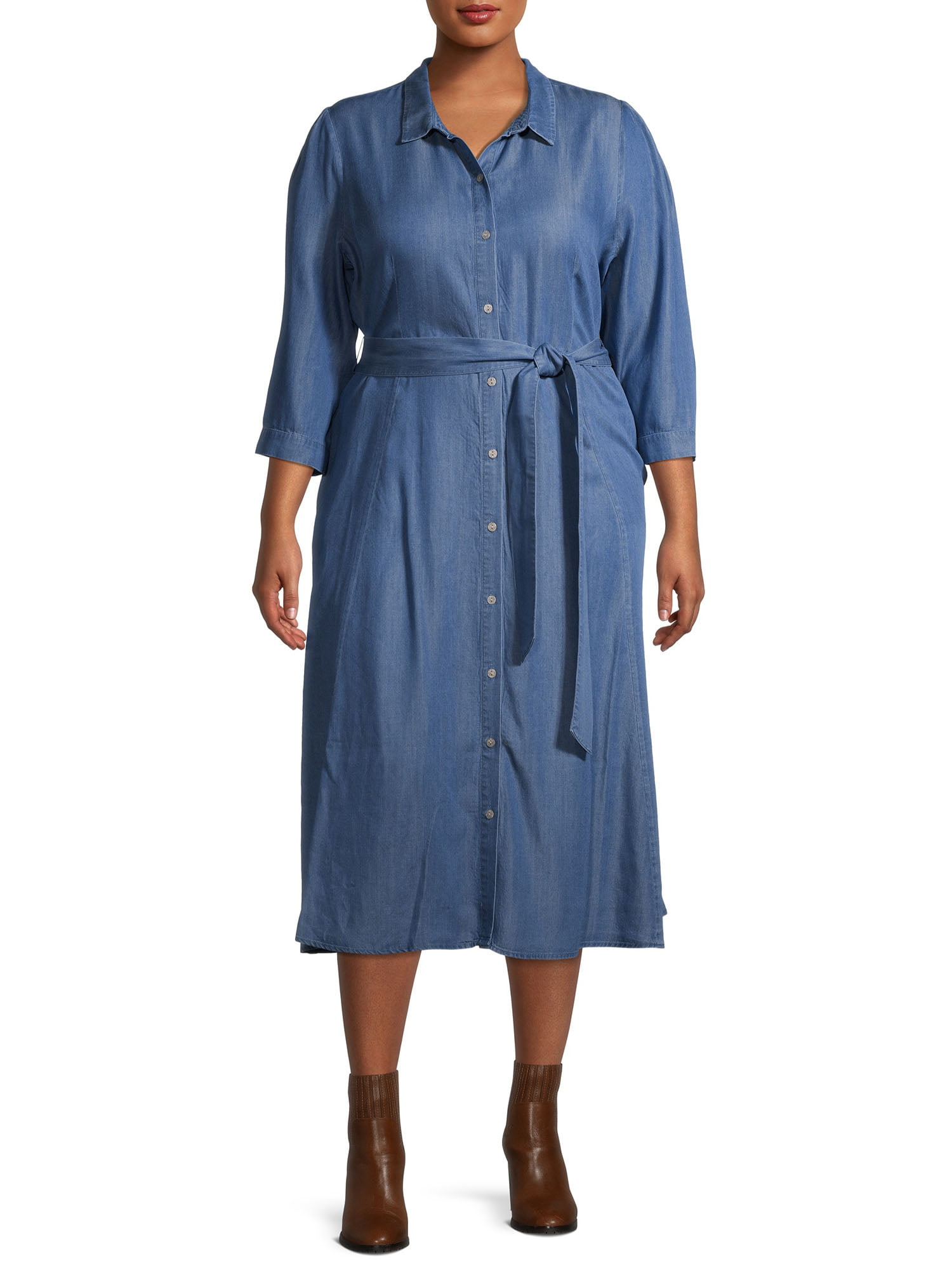 Terra & Sky Women's Plus Size Belted Shirt Dress - Walmart.com