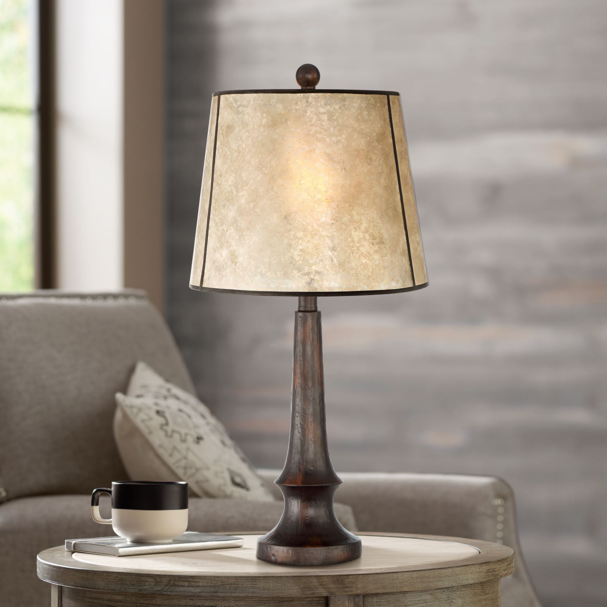 Franklin Iron Works Rustic Table Lamp Aged Bronze Mica Drum Shade