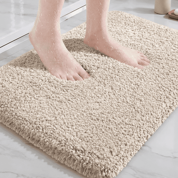 Xmushyra Bath Rug, Non Slip Beige Fluffy Bath Mat for Bathroom Floor, Washable Plush Luxury Bathroom Rug for Tub, Soft Shaggy Absorbent Shower Mat, 16 in x 24 in