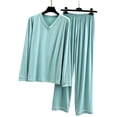 thumbnail image 7 of Women's V-Neck Loungewear Two Piece Set Loose Long Sleeve Top and Straight Leg Full Length Pants Soft Breathable Casual Pajama Set Mint Green, 7 of 7