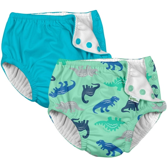 i Play (2 Pack) Boys Reusable Absorbent Baby Swim Diapers - Swimming Suit Bottom | No Other Diaper Necessary Seafoam Simple Dino and Aqua Blue 6 Months