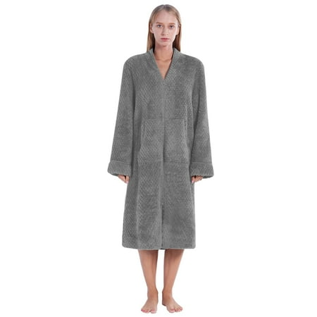 

Womens Fleece Robe Plush Long Zip Front Bathrobe with Pockets Warm Soft Zippered Bathrobes for Women Housecoat S-XXL