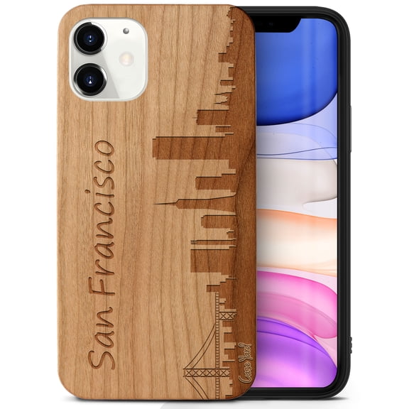 Case Yard Wooden Case Outside Soft TPU Silicone, Slim Fit Shockproof Wood Protective Phone Cover for Girls Boys Men and Women, Supports Wireless Charging Skyline SF Design case for iPhone-12-Mini