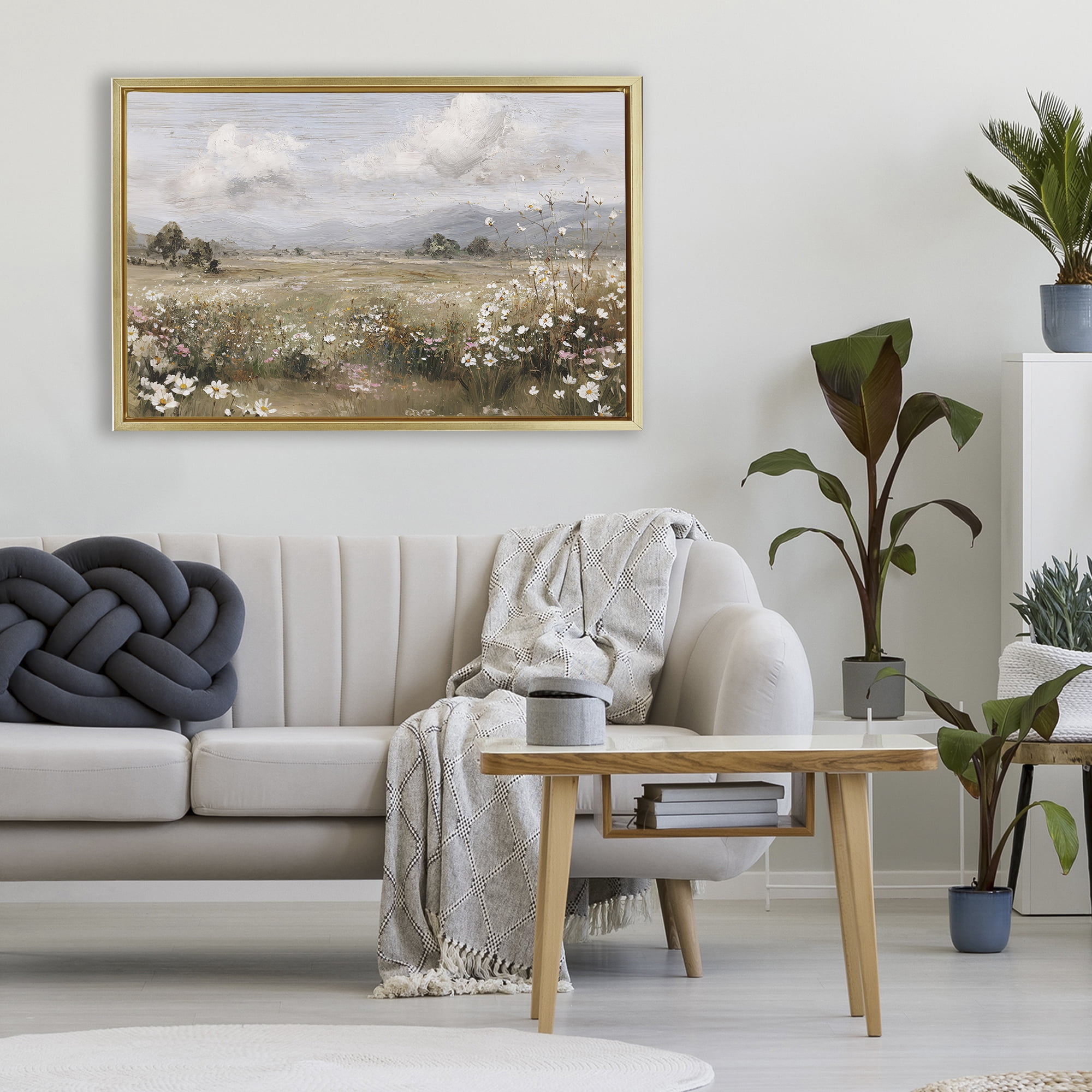 Stupell Industries Daisy Clusters in Field Gold Framed Floater Canvas Wall Art, design by Jacky Ngan