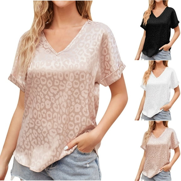 Fesfesfes Womens Blouses Women's V-neck Leopard Satin Short Sleeve Shirt Sleeve Top Short Sleeve V-neck Top/blouse Womens Short Sleeve Tops 8(L)