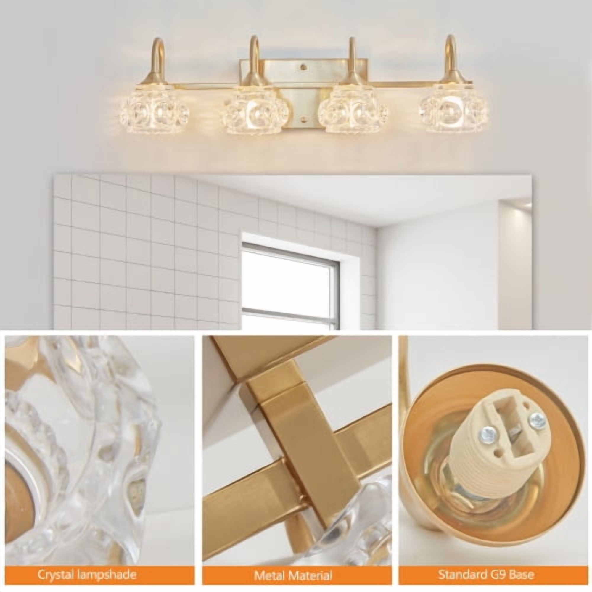 ACE-LIGHTS,Retro 4-Light Bathroom Vanity Light Fixture with Crystal Glass Shades(Bulbs Not Included),Wall Mounted Lighting for Bathroom,Dressing Room,Powder Room and Vanity Mirror(Golden）