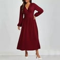 thumbnail image 2 of SMihono Fashion Women's Elegant Lantern Long Sleeve Evening Dress, Sexy V-Neck High Waist Slim Fit Swing Dresses Solid A-Line Dress Wine L, 2 of 7