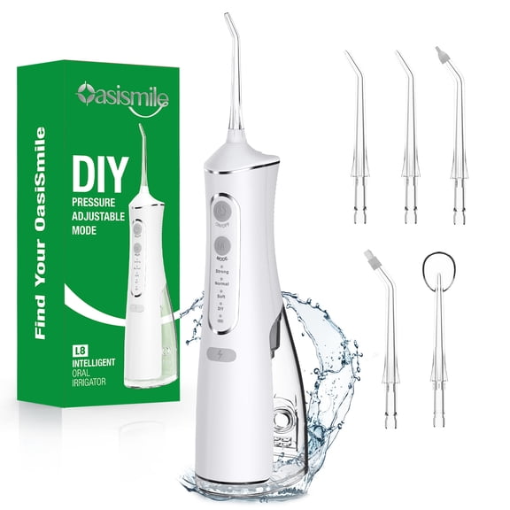 OasiSmile Water Flosser for Teeth Cleaning, Portable Cordless Dental Floss 300ML Rechargeable Oral Irrigator with 5 Jet Tips for Home Travel Office, White