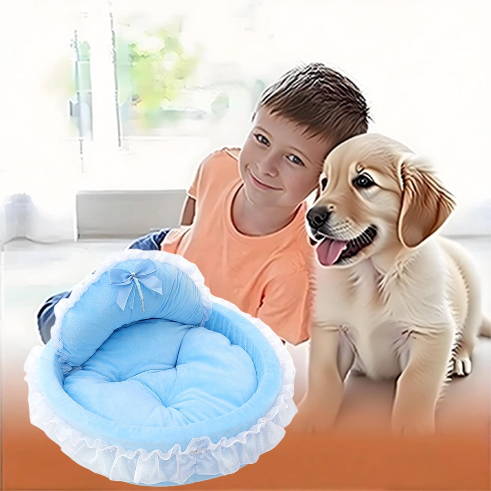 Nebwoak Small Medium Pet Bed 17.7x17.7 Inches - Soft Cloth Sponge Support, Detachable Washable Mattress, Lace Trim, Pink/Blue, Indoor Cat Dog Sleeping Resting Cushion Bed