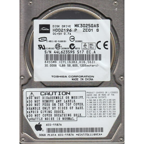 MK3025GAS, B0/KA302B, HDD2196 P ZE01 S, Toshiba 30GB IDE 2.5 Hard Drive