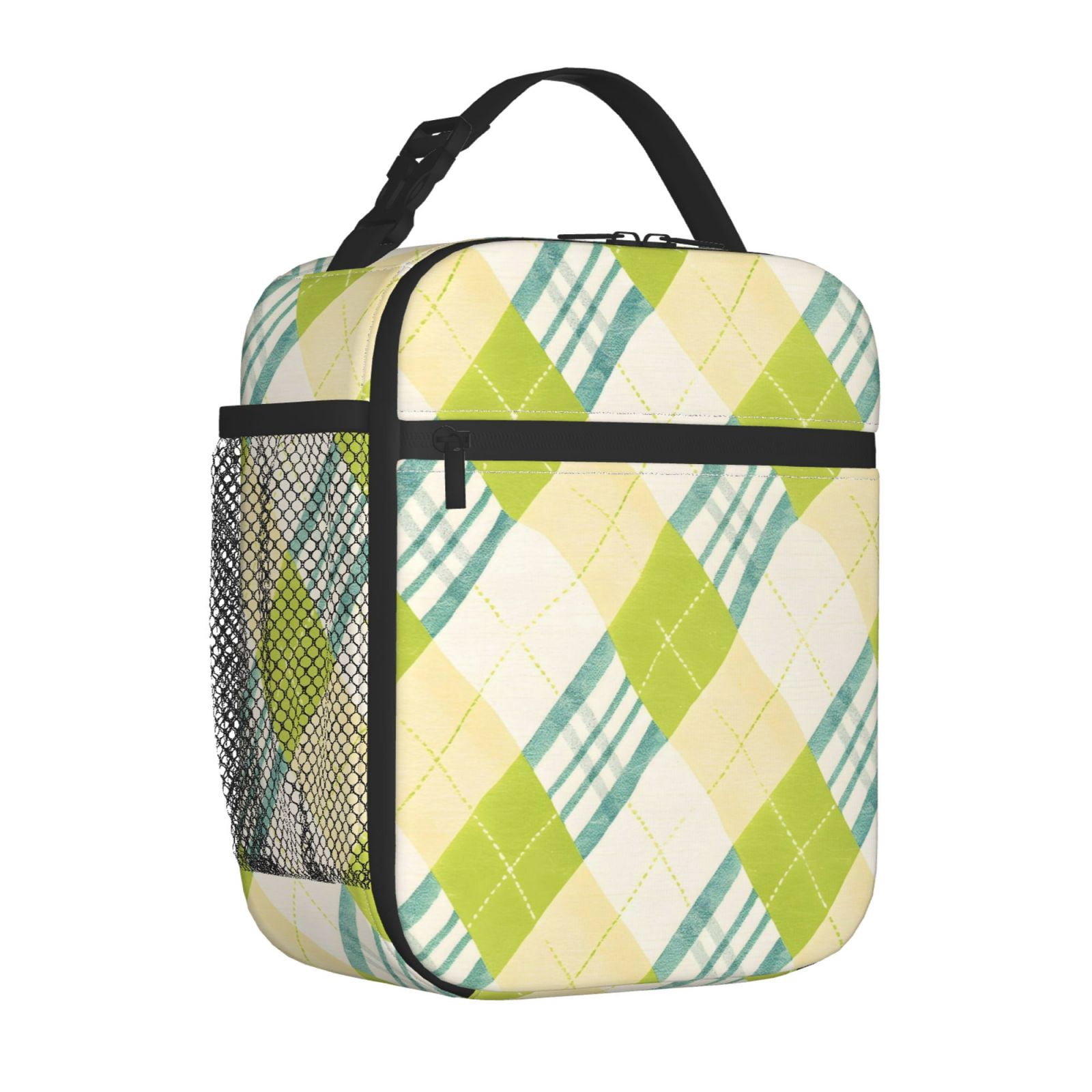 Lunch Bag For Women Men Insulated Portable Lunch Box Bento Box Office Picnic Travel Cooler Bag Lime Houndstooth Hand-Drawn Sketch_1